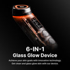 6-in-1 Glass Glow Device on a black background with text about achieving skin goals.